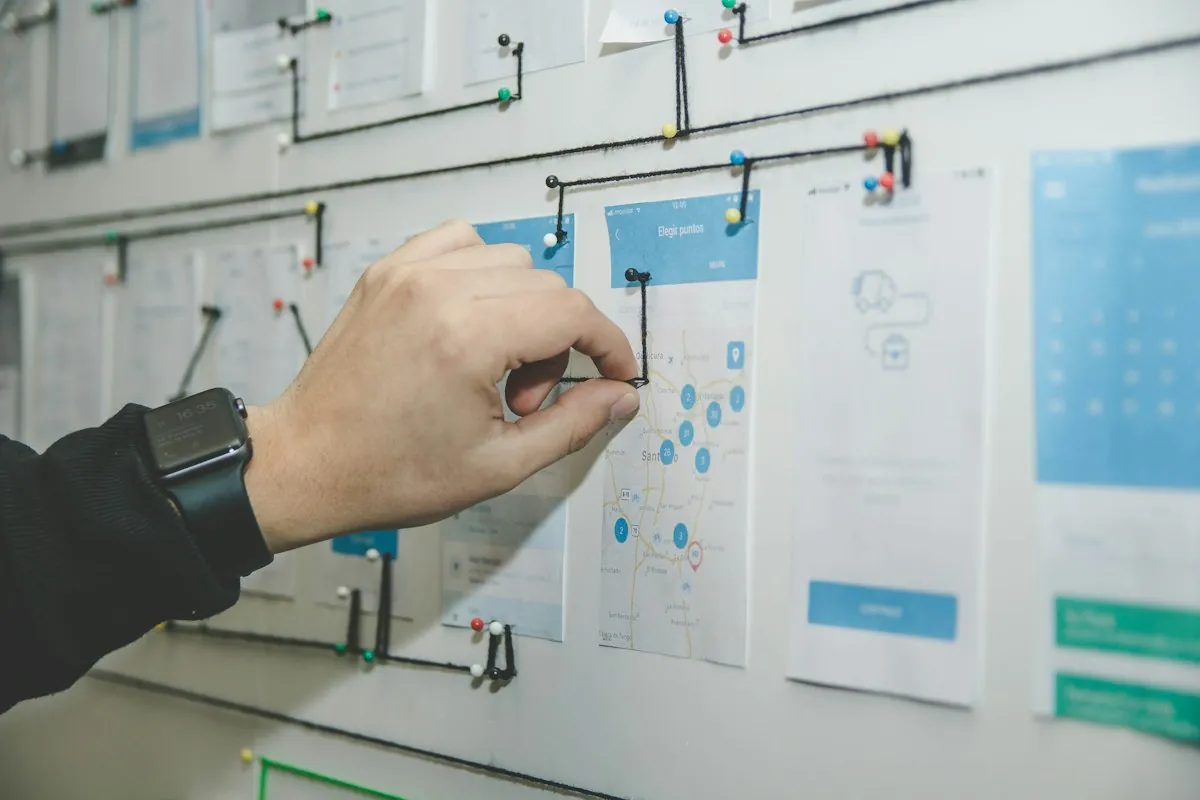 UX-Wireframes und Sticky Notes auf einem Schreibtisch — Website-Konzeption in der Planungsphase