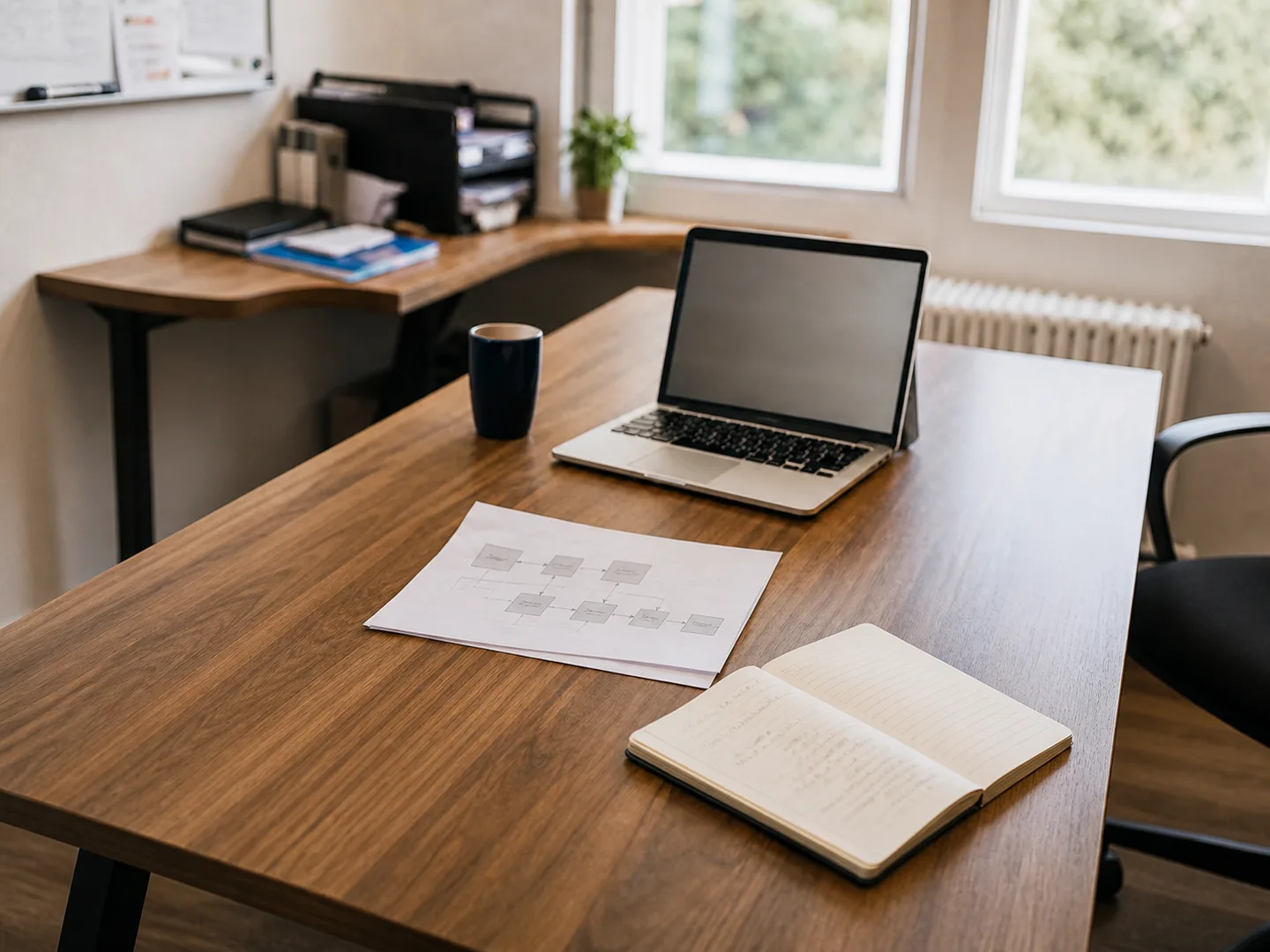 Ein vorbereiteter Arbeitsplatz mit Laptop, Ablaufskizze und Notizbuch