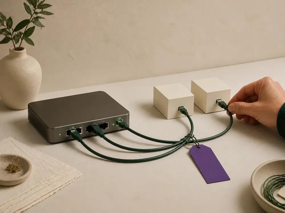 Kompakte Technikmodule und geordnete Kabel als Sinnbild für laufende Website-Betreuung