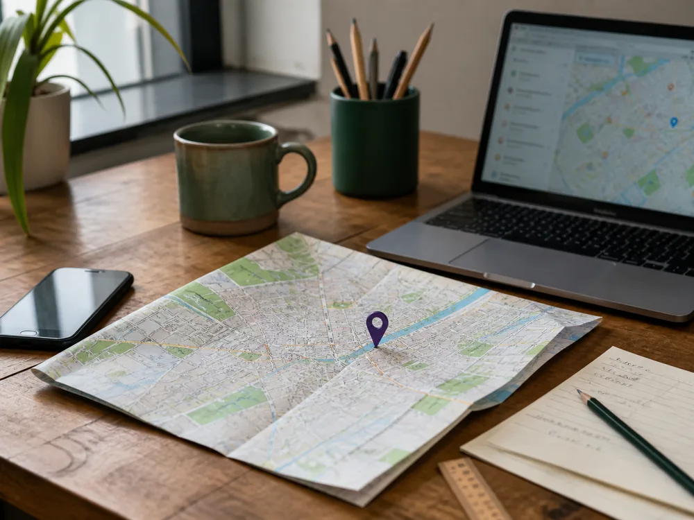 Stadtplan, Standortmarker, Laptop und Smartphone für eine lokale Sichtbarkeitsprüfung