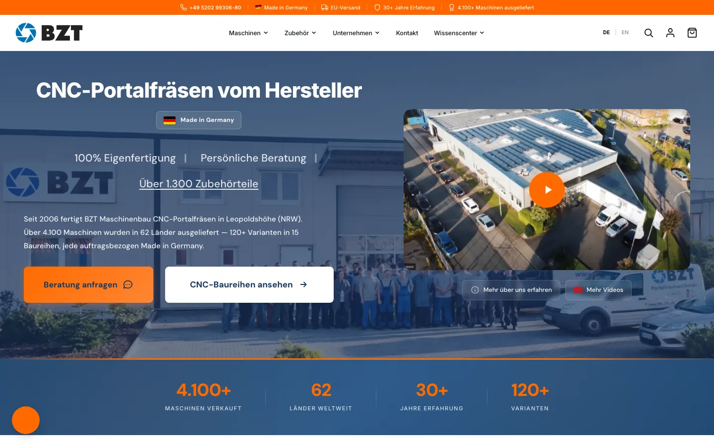 Startseite des BZT-Shops heute: eigenes Theme mit Kategorie-Navigation, Werksvideo und Kennzahlen-Leiste