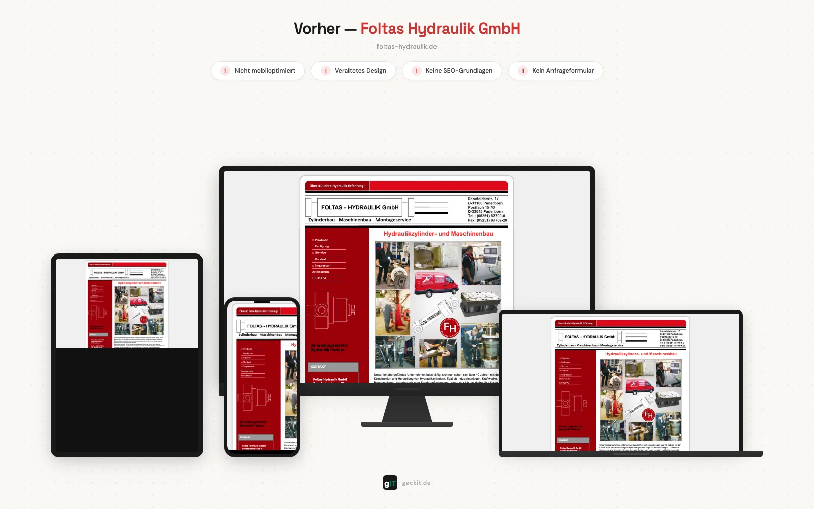 Alte Website der Foltas Hydraulik GmbH auf Laptop, Tablet und Handy