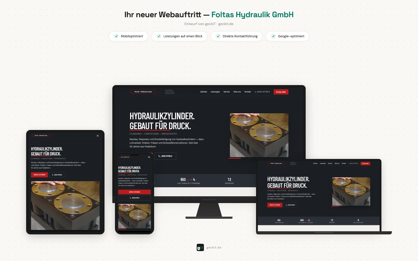 Neue Website der Foltas Hydraulik GmbH auf Laptop, Tablet und Handy